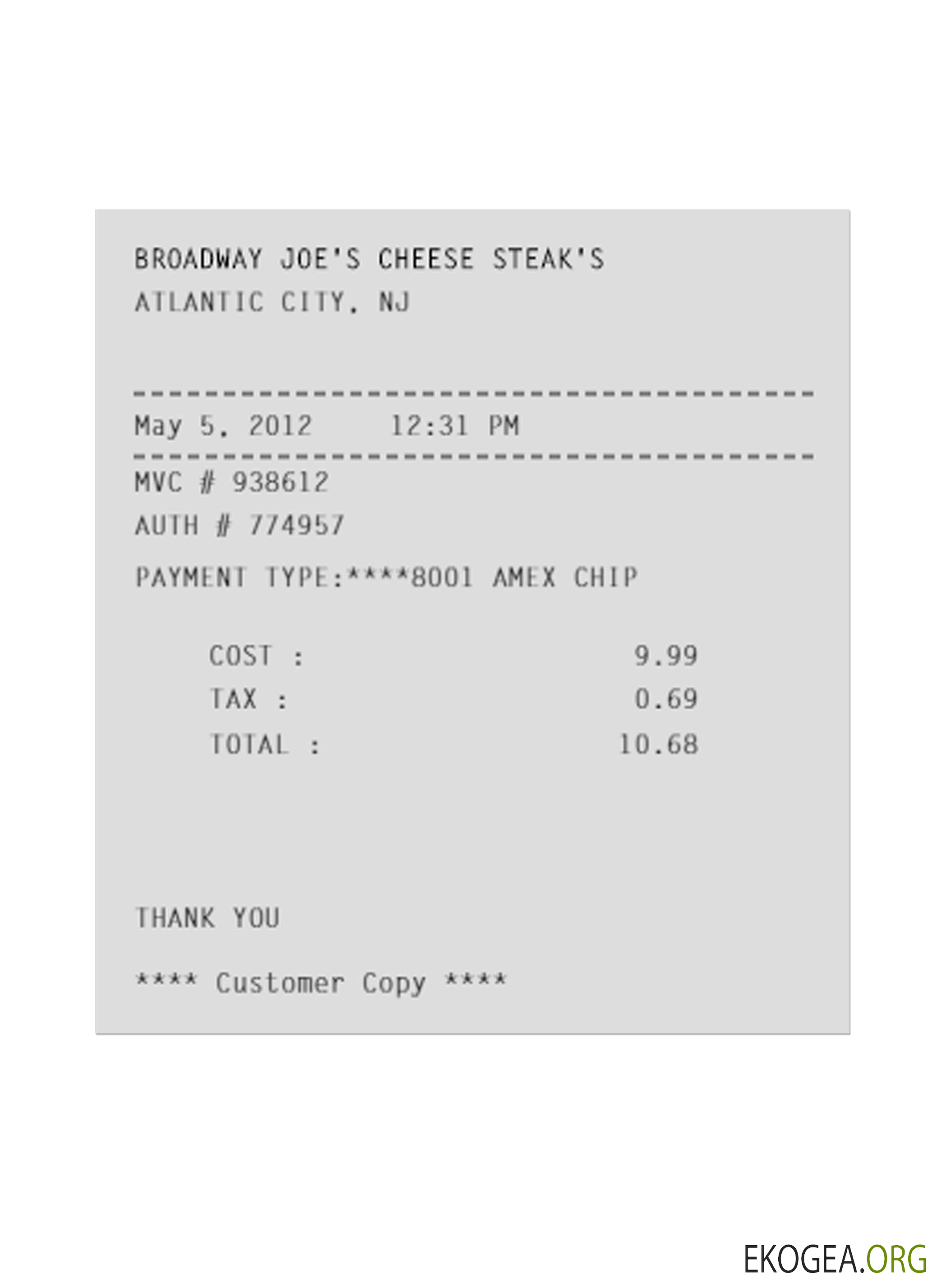 Reçu de paiement de BROADWAY JOE'S CHEESE STEAK'S